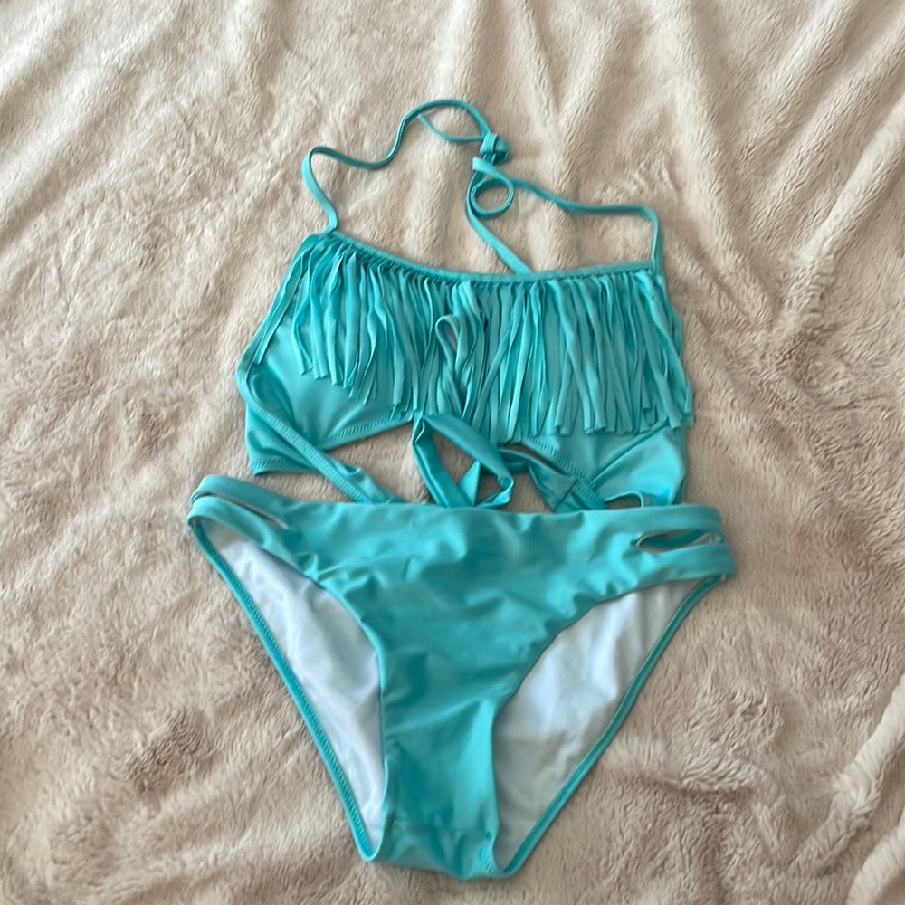 Women’s teal fringe bikini set